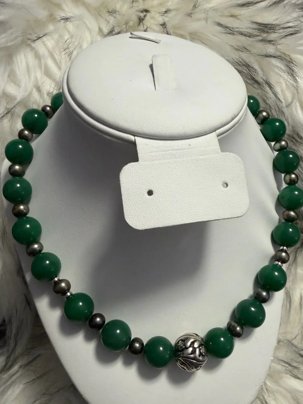 Genuine Jade & Peacock Pearl Necklace 925 Sterling Silver Clasp 18”
